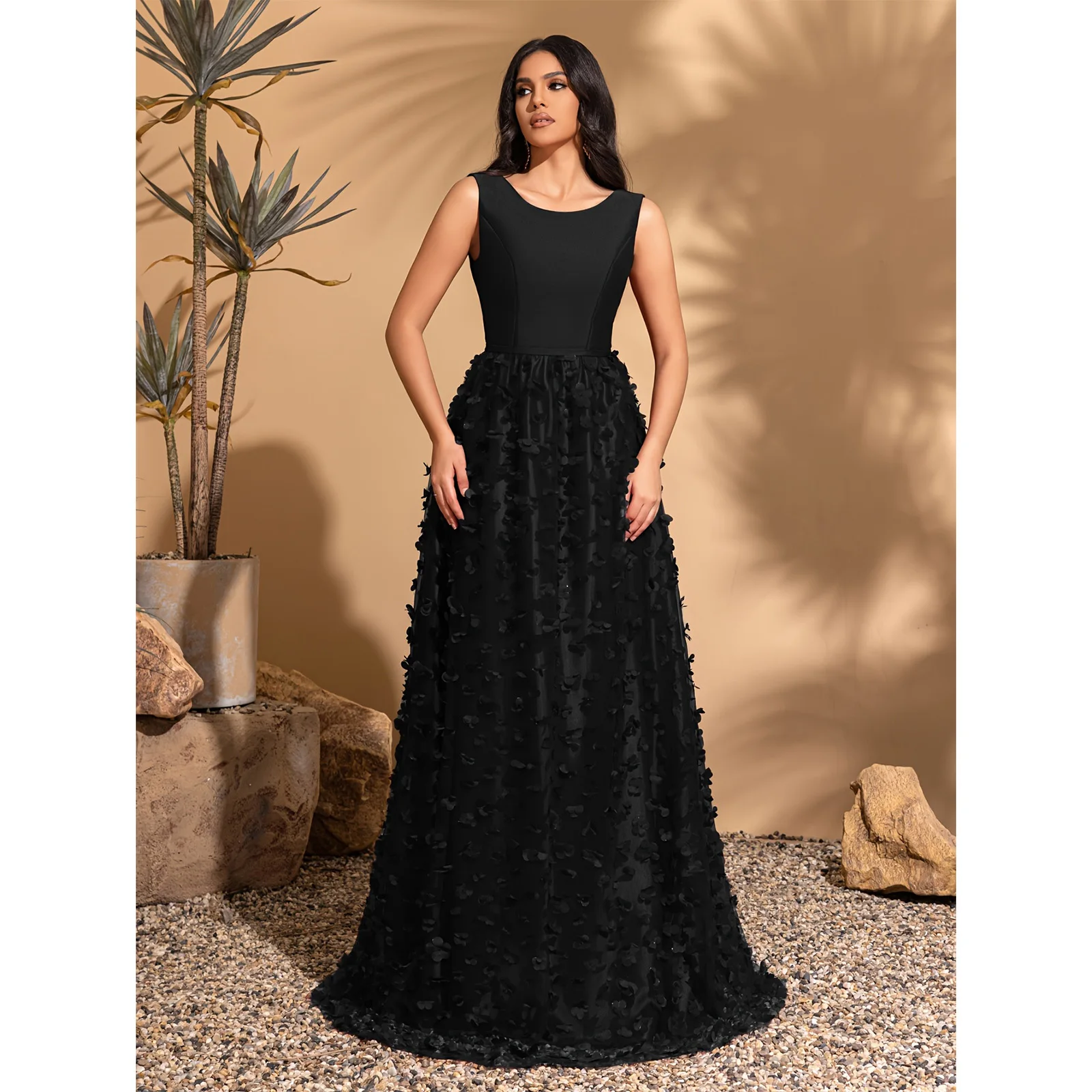 

Round neck satin sleeveless floral embellishment backless gown, elegant and chic dress