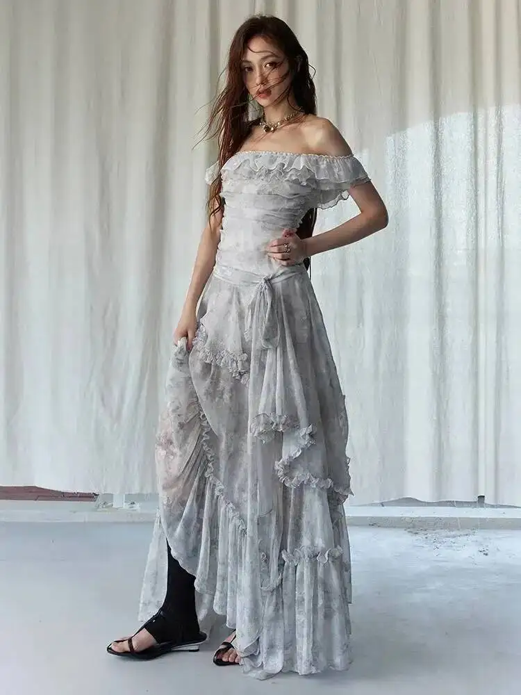 High Quality Printed Women Light Gray Ruffles Elegant Long Dress New Slash Neck Short Sleeve Fashion Spring Summer 2026 BCX87
