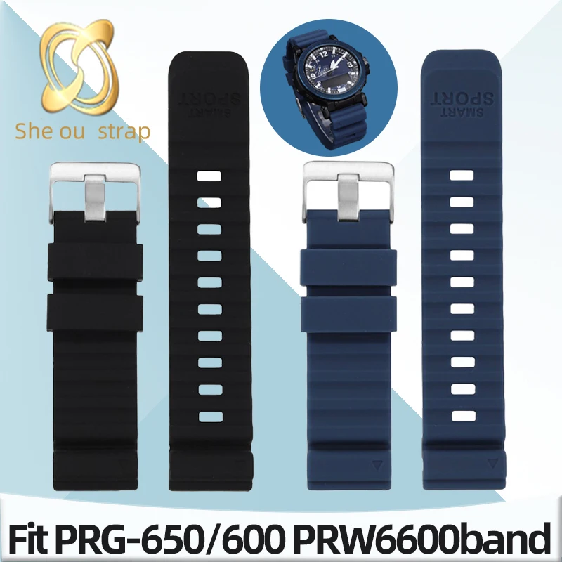 24MM Black Blue Waterproof Silicone Watchband For Casio PROTREK PRG-650/600 PRW6600  Rubber Watchstrap Straight Joint