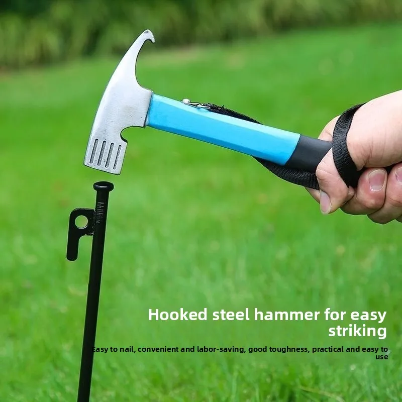 Heavy Duty Wood Handle Camping Hammer Tent Peg Mallet with Hook Puller for Tarp Awning Survival Safety Tool