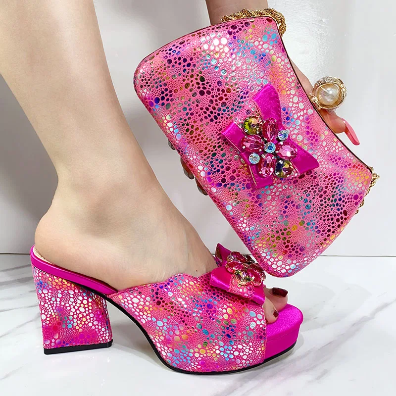 2024 New Fashionable Designed  Elegant Shoe Bag Bright BowTie African Women\'s Round Toe High Heels Shoes Wedding Party Banquet