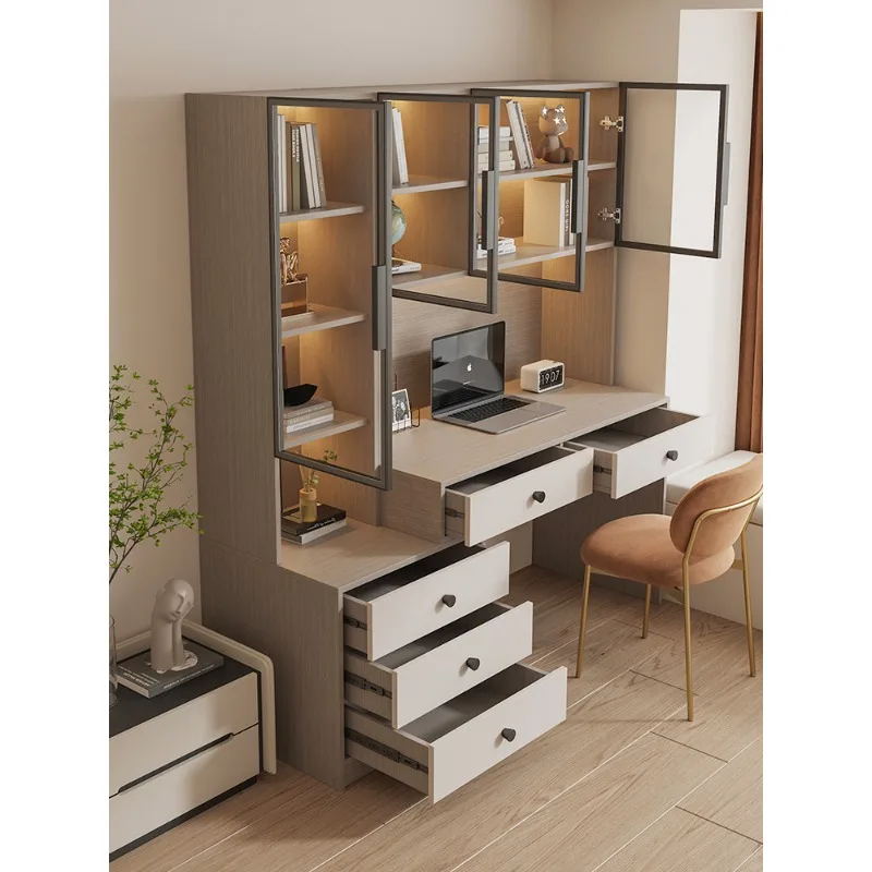 Solid wood simple desk light luxury modern computer storage bookcase small apartment bedroom student learning makeup integrated