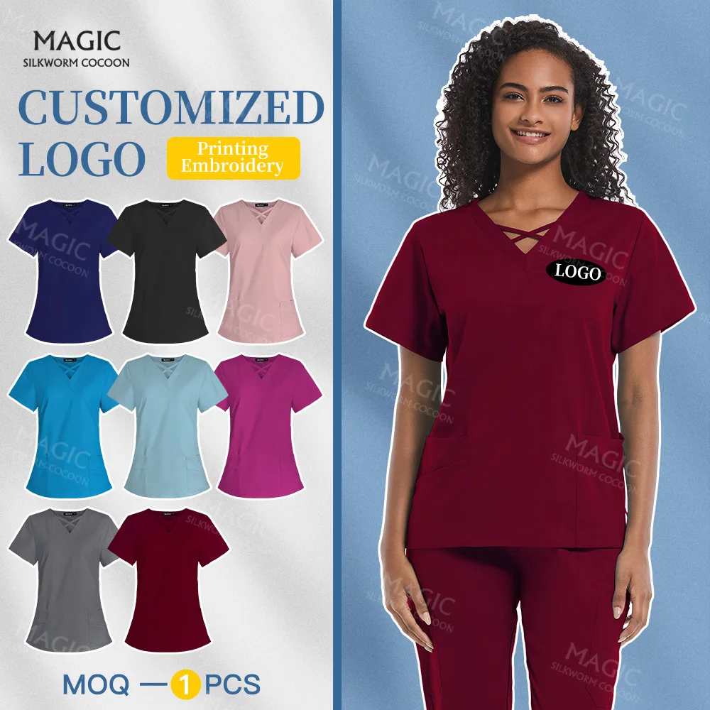 Customized Logo High Quallity Medical Scrubs Nurse Uniform Women Beauty Salon Work Uniform Health Services Work Wear with Pocket