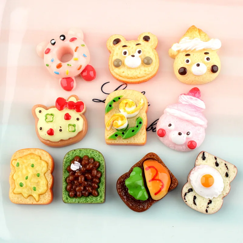 10Pcs Cartoon Bear Bread Donuts Flat back Resin Cabochon Fake Food Scrapbooking Accessories DIY Embellishment Decoration Craft