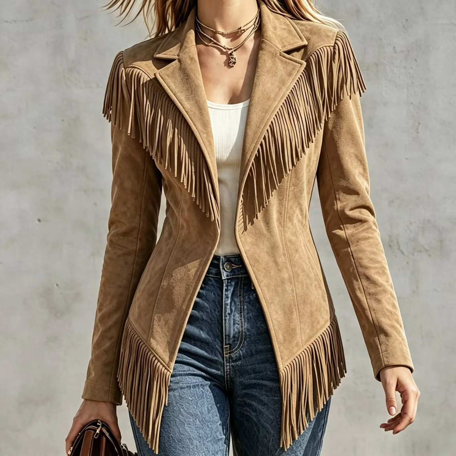 2026 Women Jackets Faux Suede Fringe Slim Fit Turn Down Collar Long Sleeve Coat Vintage Streetwear Daily Casual Outerwear Tops