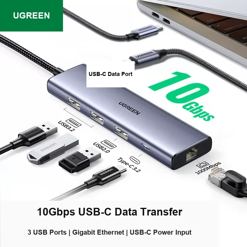 UGREEN CM512 35886 6-in-1 USB C Hub 10Gbps USB 3.2 Gigabit Ethernet 5V 2A USB C Power Port.