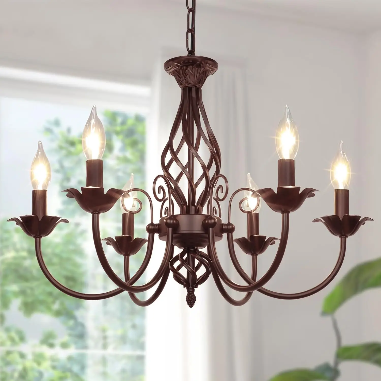 

6-Light Rustic Chandelier for Living Room, Vintage Pendant Ceiling Light with Adjustable Chain, E12 Socket