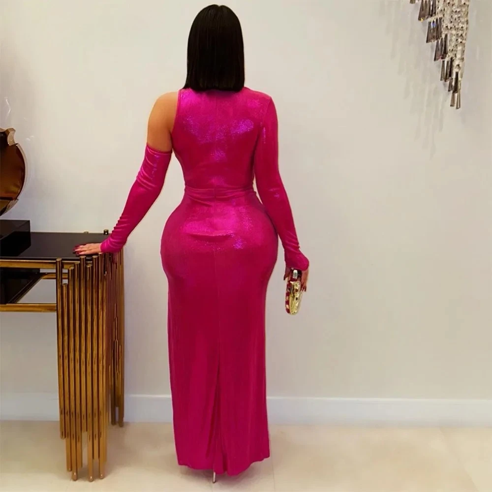 BWQ Vrouwen Uitsparing Schouder Hoge Kant Split Vergulden Midi Maxi Lange Jurk 2025 Club Sexy Prom Feestavond Bodycon Jurken