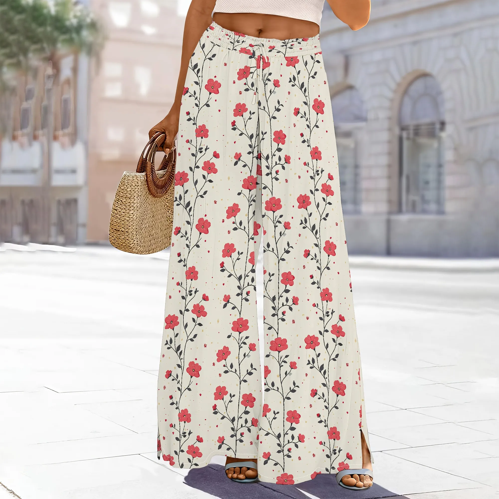 

Women's High-Waisted Rose Floral Wide-Leg Pants Adjustable Elastic Waist Pockets Back Slit Polyester Spring Romantic