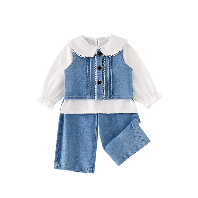 Spot GoodsQT252016Girls Suit2025خريف جديد سترة جينز قميص ثلاث قطع مجموعة عصرية