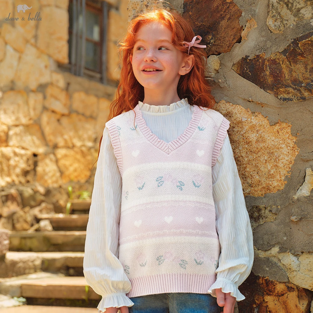 Dave Bella Autumn Spring Floral Sleeveless Sweater Vest for Girls Kids Embroidery Sweater Outerwear Children Clothes DK3263483