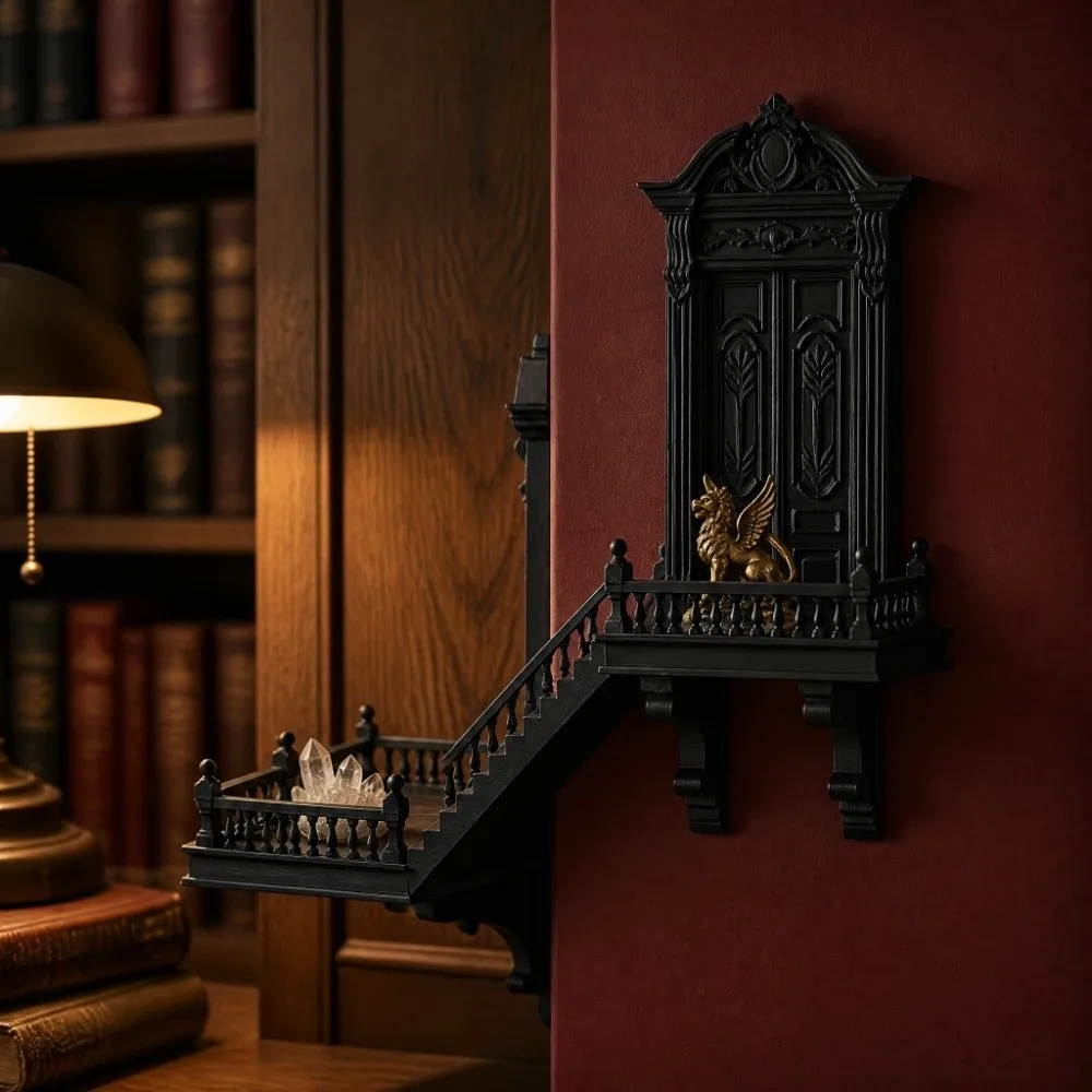 3D Printed Gothic Staircase Display Shelf Black Wall Mounted Wall Mount Stair Shelf Ornate Carving Plastic Gothic Wall Shelf