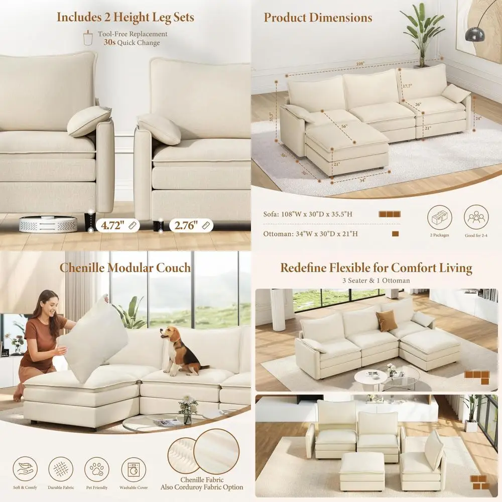 Chic L-Shaped Chenille Sectional Sofa with Removable Ottoman for Living and Bedroom, Deep Seating, Beige