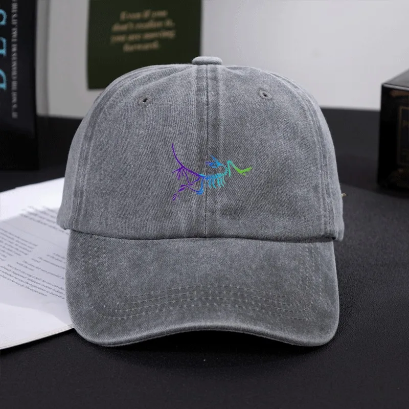 Retro Washed Cotton Cap Unisex Distressed Soft Top Dad Hat Rainbow Dinosaur Bones Drawing Print Curved Brim Hip Hop Hats Summer