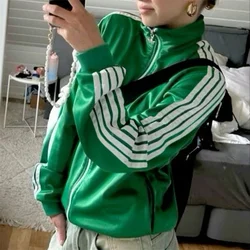 Preppy Y2k Jacket With Side Stripes Fall Casual Sport Womens Mock Neck Zips Up Long Sleeve Jacket Motorcycle Jogging Sweatshirt