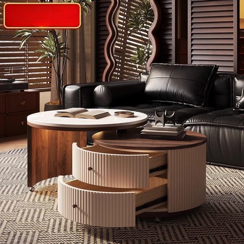

Round rotating coffee table living room household small apartment light luxury simple antique style 2025 new movable rock slab t
