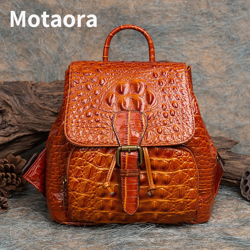 MOTAORA Vintage Genuine Leather Women Backpacks For School Teenagers Girls Backpack Ladies Crocodile Cowhide Travel Luxury Bags