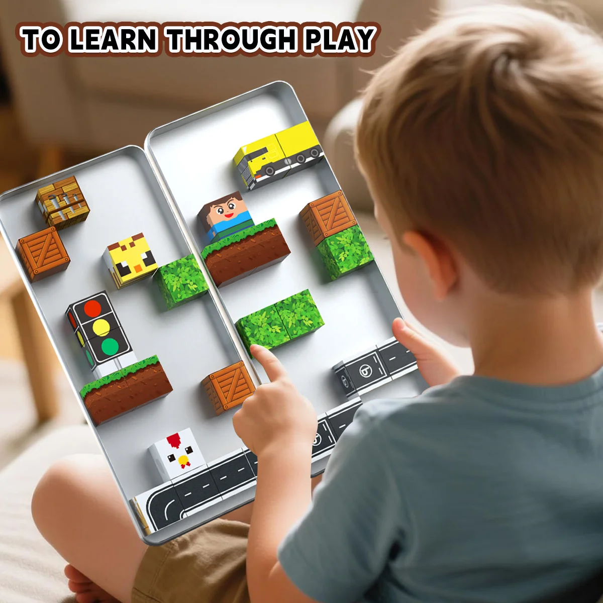 Conjunto de blocos magnéticos de caixa de ferro, ímãs empilhados de floresta de cidade infantil, brinquedos livremente construídos, brinquedos sensoriais de quebra-cabeça infantil