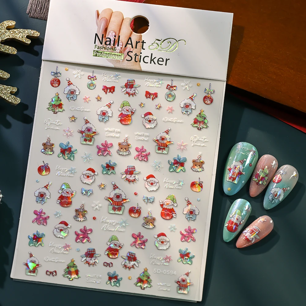 5D أورورا عيد الميلاد الكرتون سانتا كلوز/جرس/الدب مسمار ملصقات-1 قطعة Kawaiii الوردي الأحمر عيد الميلاد ندفة الثلج ملصق مائي ذاتية اللصق المنزلق