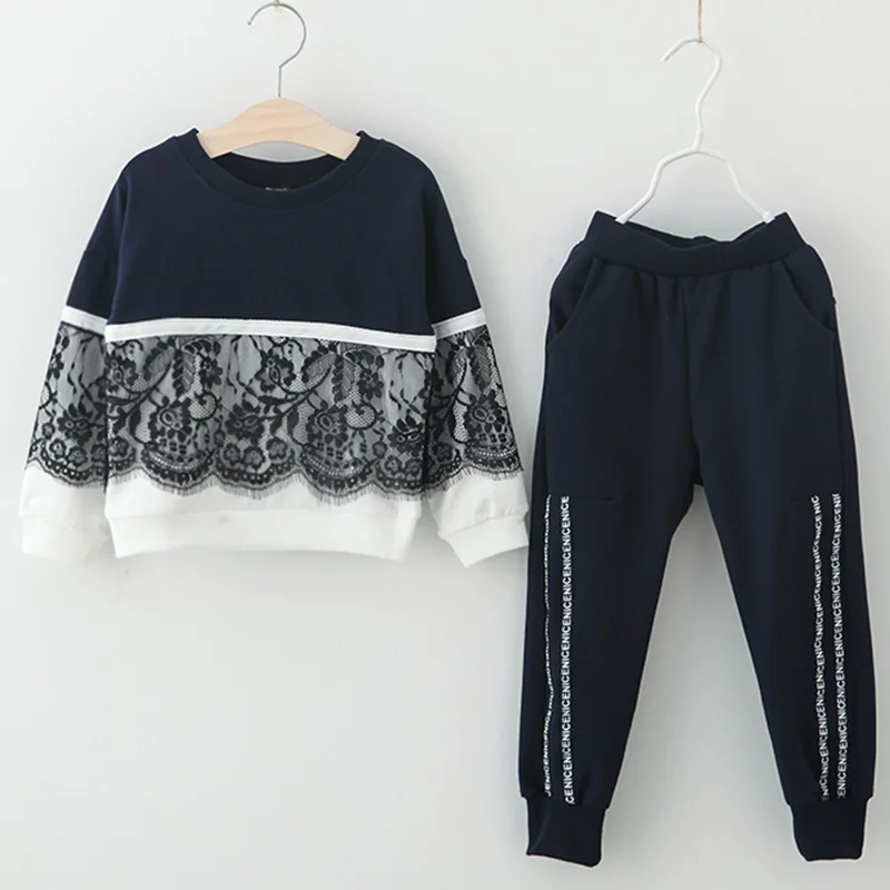 Girls' Clothing 2025 New Autumn Children's T-shirt Pants Christmas Clothing Girls' Lace Panel Letter Decal Long Sleeve Set