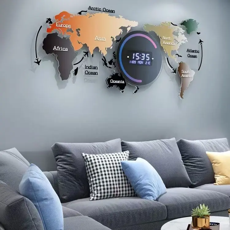 Grande relógio de parede acrílico para decoração de casa, relógio pendurado, mapa do mundo, sem luz, atacado, Dropshipping Products, 2024, 120x55