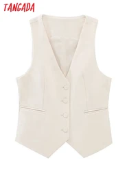 Tangada 2023 Women Fashion Vintage Female Beige Cropped Waistcoat Chic Sleeveless Coat 6P95