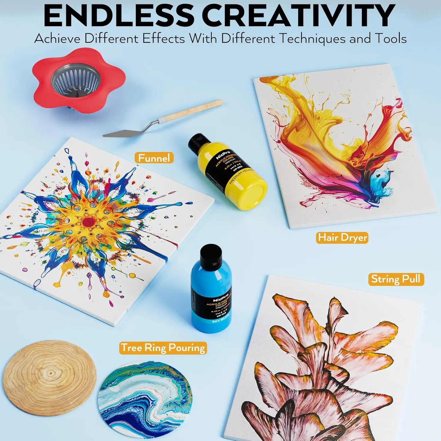 مجموعة مستلزمات طلاء أكريليك 24 لونًا 8.45 أونصة، مجموعة كبيرة من الألوان ذات التدفق العالي مع قماش، خشب نات