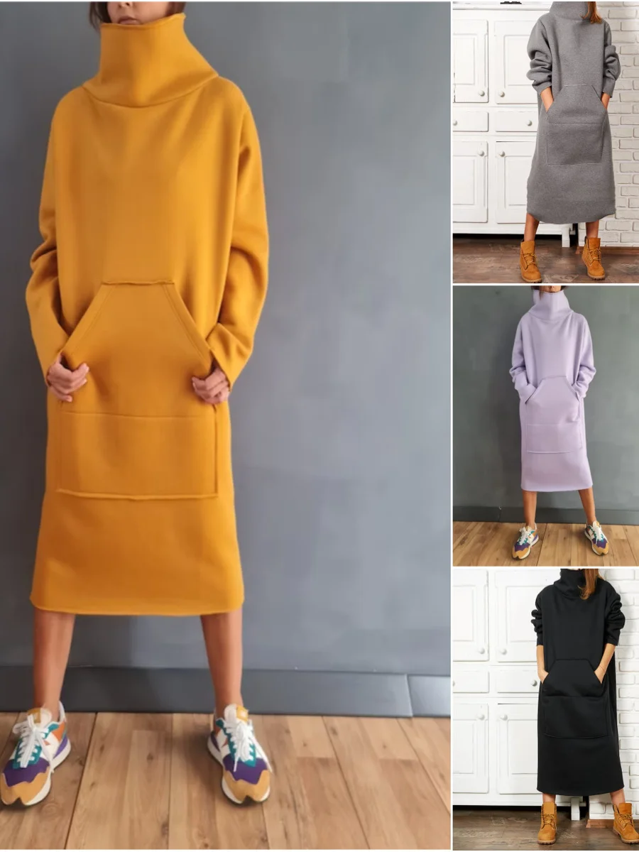 

High-End Long Hoodie Skirt for Women Color High Collar Sweatirt Dr plus Size Chinese Brand Autumn Winter Wool Blend