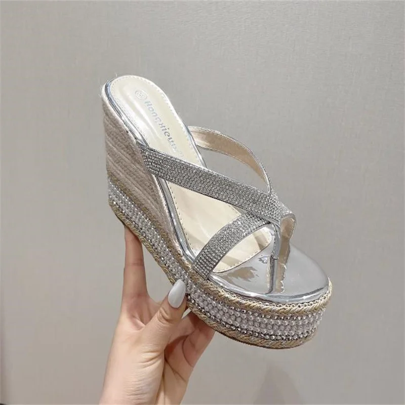 11cm Luxury Women Slippers Rhinestone Platform Wedges Heel Rivet Peep Toe SummerFashion Slides Casual Ladies sandal 34 39