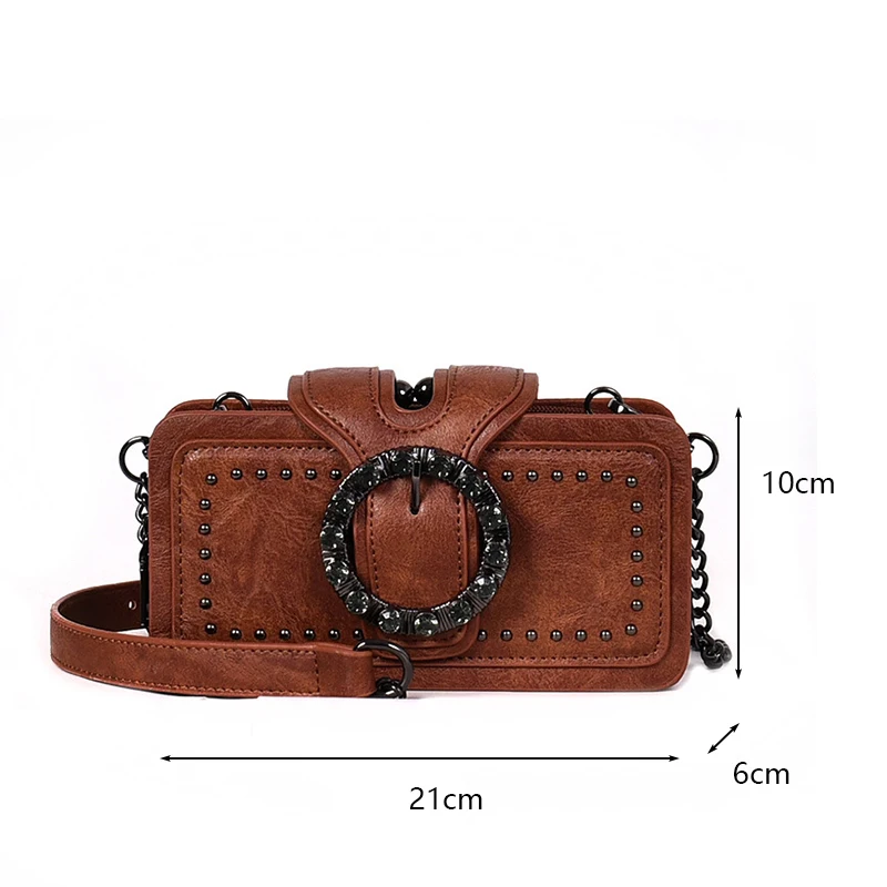 Vintage Round Rhinestone Buckle Shoulder Bag,Fashion Punk Design Top-handle Crossbody Bag, Popular Rivets Decor Purse For Women