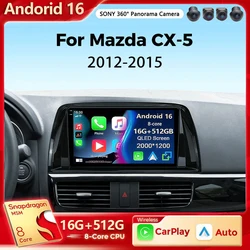 Android 16 Car Radio For Mazda CX5 CX-5 2012 2013 2014 2015 Wireless Carplay Android Auto Stereo Multimedia Player WiFi 4G 2 Din