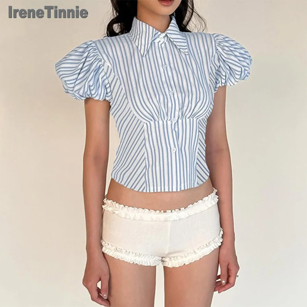 

IRENE TINNIE 2025 American Sweet Cool Street Spicy Girl Striped Bubble Sleeve Ins Trendy Personalized Waist Hugging Short Shirt
