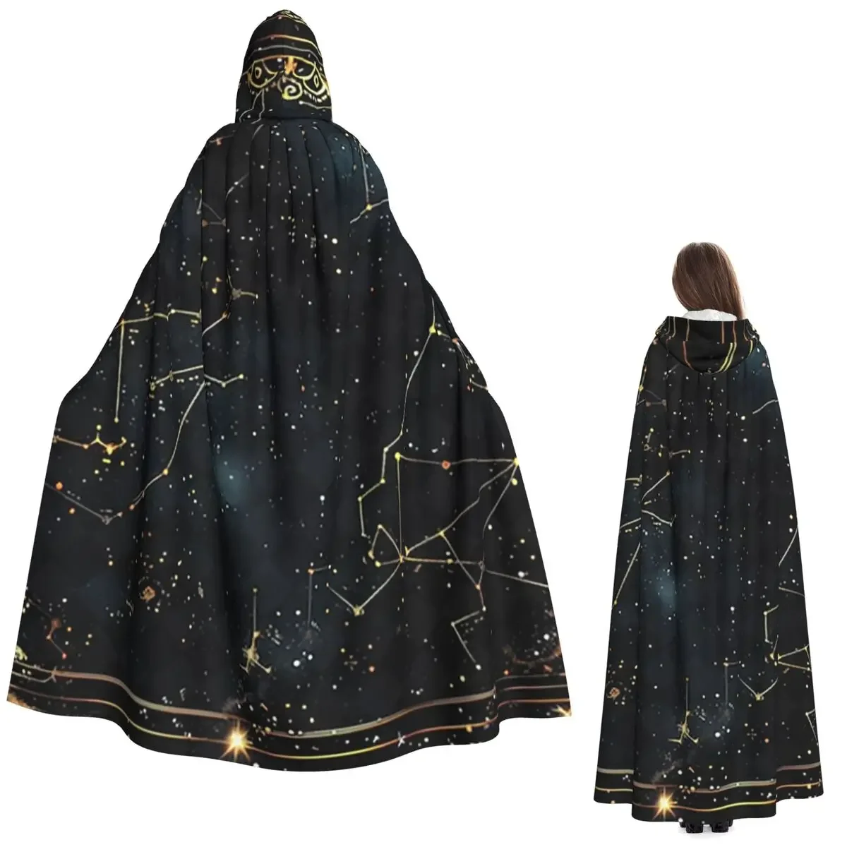 Custom Golden Celestial Stars Zodiac Constellations Long Hooded Cloak Witch Medieval Costume Cosplay Cape HalloweenParty Adult U