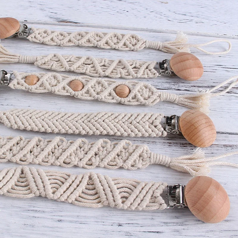 Vintage Crochet Baby Pacifier Clip Chain Woven Cotton Rope Handmade Beech Wood DIY Dummy Nipple Holder Pacifier Chain BPA-free