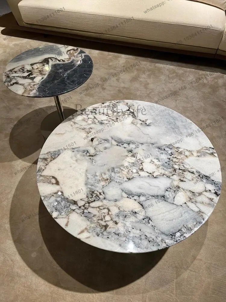 YJ Elephant White Natural Marble Round Coffee Table Home Ocean Storm Combination