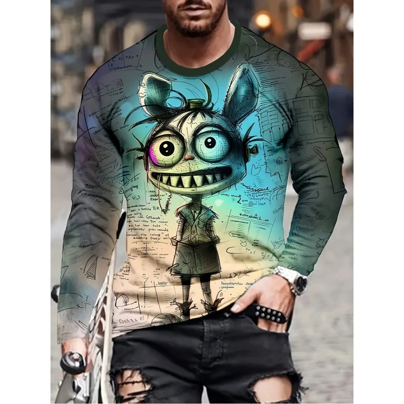 Cute Abstract Monster Pattern T-Shirt For Men Cool Skull 3D Print T Shirts Autumn Casual Loose Round Neck Tops Tees Long Sleeves