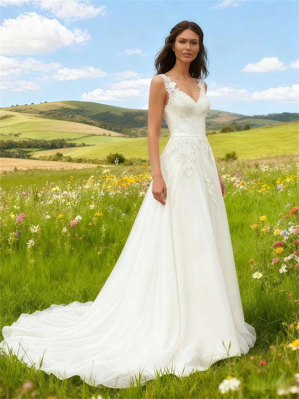 طوكيو مخصص الأبيض ألف خط فساتين الزفاف أنيقة الخامس الرقبة بلا أكمام زي العرائس 2025 عودة البريدي ذيل محكمة فساتين الزفاف #1