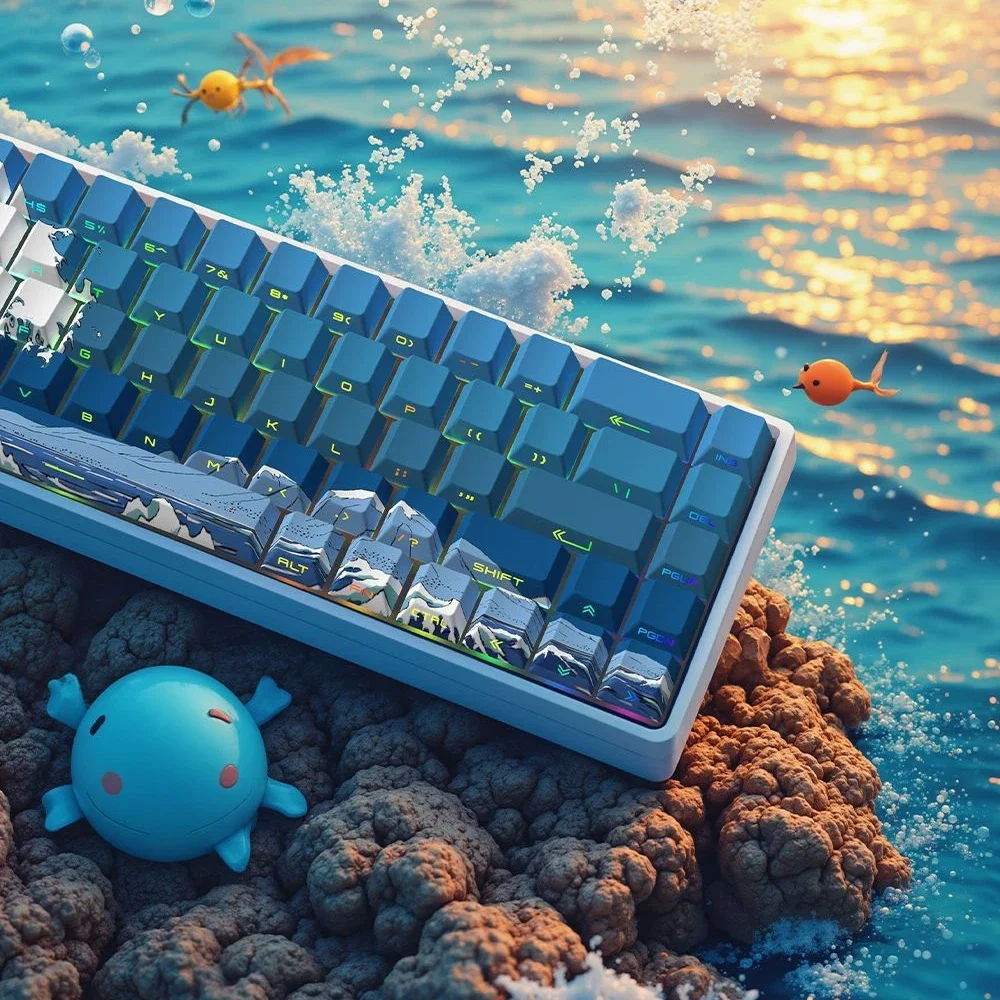 Blue Vintage Wave Cherry Profile Key Caps Custom DIY Gaming Keyboard Side Engraved Translucent Keycaps for Mechanical Keyboard