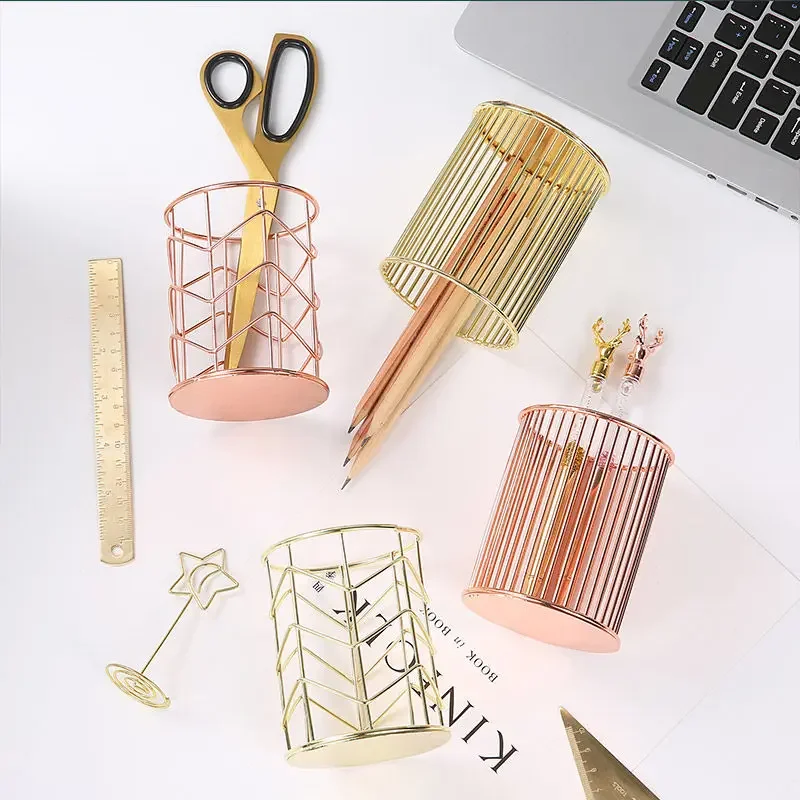 Nordic Hollow Out Makeup Brush Pot Holder Organizer, Iron Round Practical Pen Pencil Cup, Rose Gold Cosmetic Organizer Box