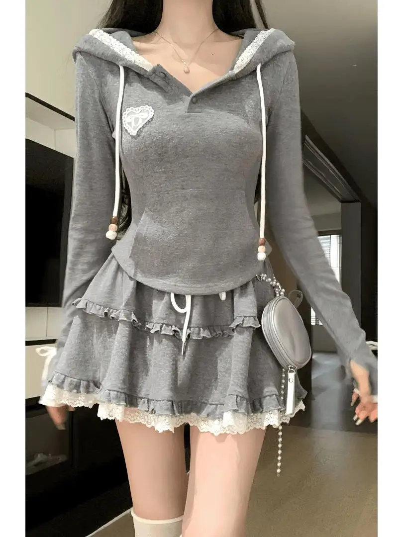 

plus Size 300 Pou Sweatirt Skirt Set Lightweight Maturi Sle Spring Autumn Faionable Two-Piece Cotton Hooded Jaet