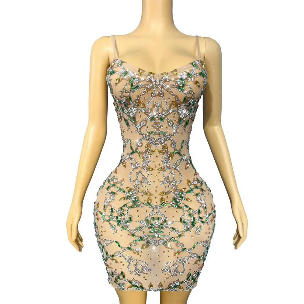 Damski seksowny strój wieczorowy, błyszczące dżety, dopasowana sukienka na ramiączkach z siateczki, na urodziny, koktajl, imprezę urodzinową, kostium.