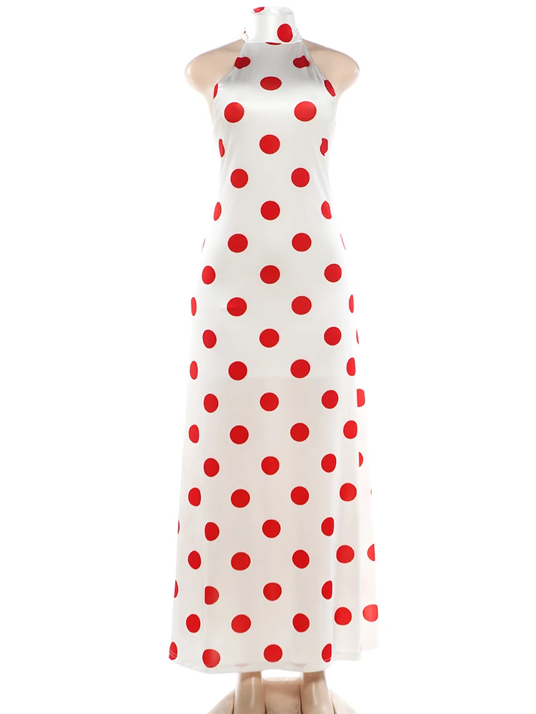 Weird Puss Sexy Rückenfreies Langes Kleid für Damen, Polka-Dot-Druck, Schnürung, Neckholder, Rollkragen, Ärmellos, Mitternachtsparty, Elegante Vestidos – Detail 3