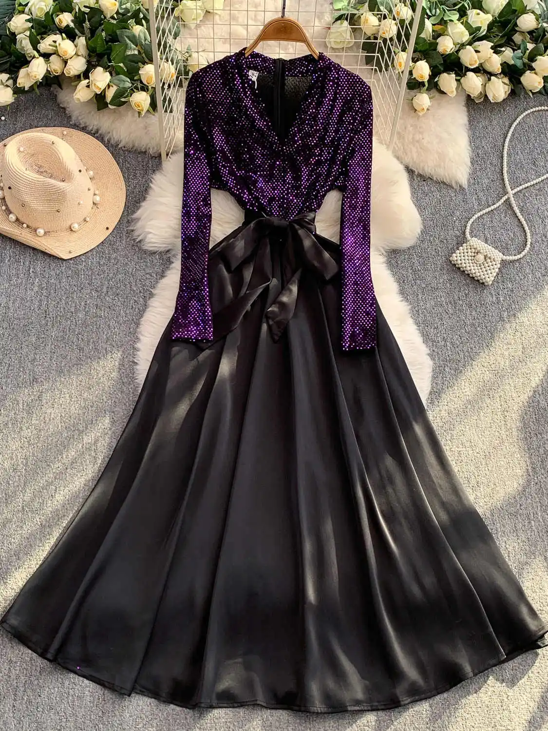 فستان سهرة نسائي أسود على الطراز القوطي مرقع عتيق بأكمام طويلة ورقبة على شكل حرف v فستان حفلات فاخر Y2k قطعة واحدة ملابس الخريف #3