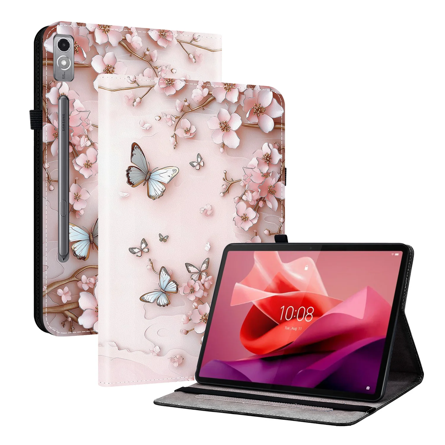 

For Lenovo Tab P12 Leather Case Pattern Printed Stand Tablet Cover with Card Slots - Pink Butterfly