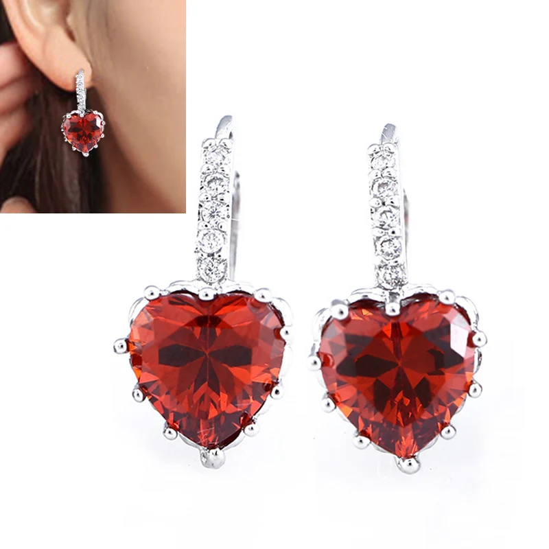 White Gold Tone Cubic Zirconia Heart Red Pierced Hoop Earrings Ruby Red Sapphire NA