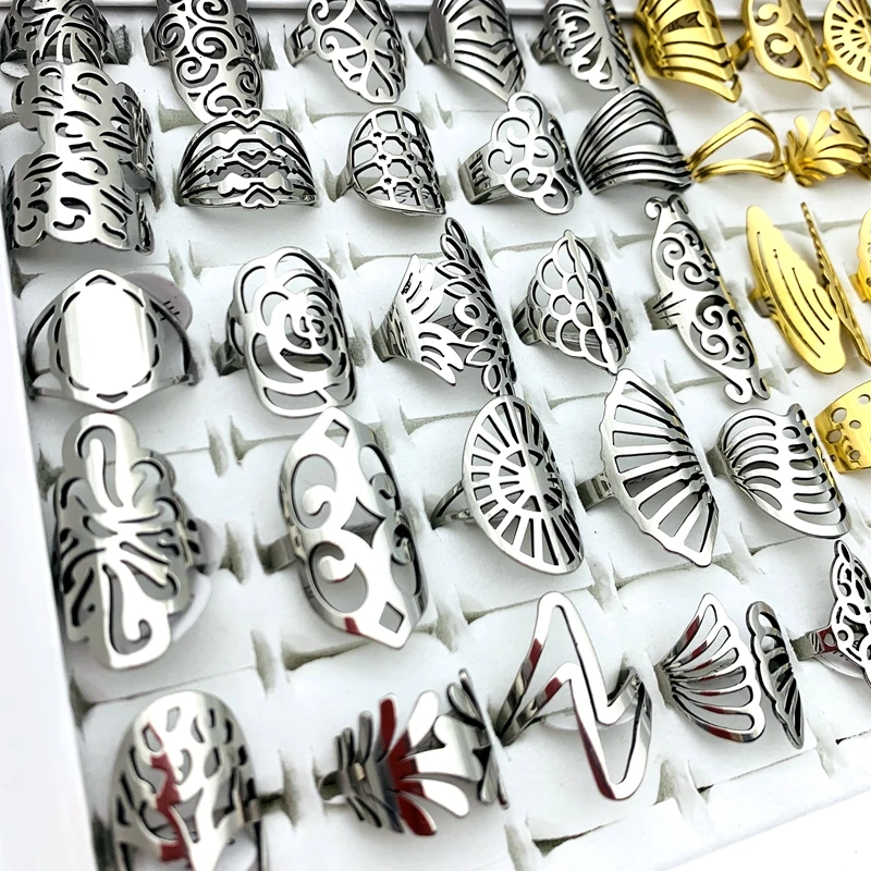 MIXMAX 10 Pieces Laser Carved Patterns Rings Silver/Gold Colors Retro Butterfly pattern Men Women Stainless Steel  Jewelry