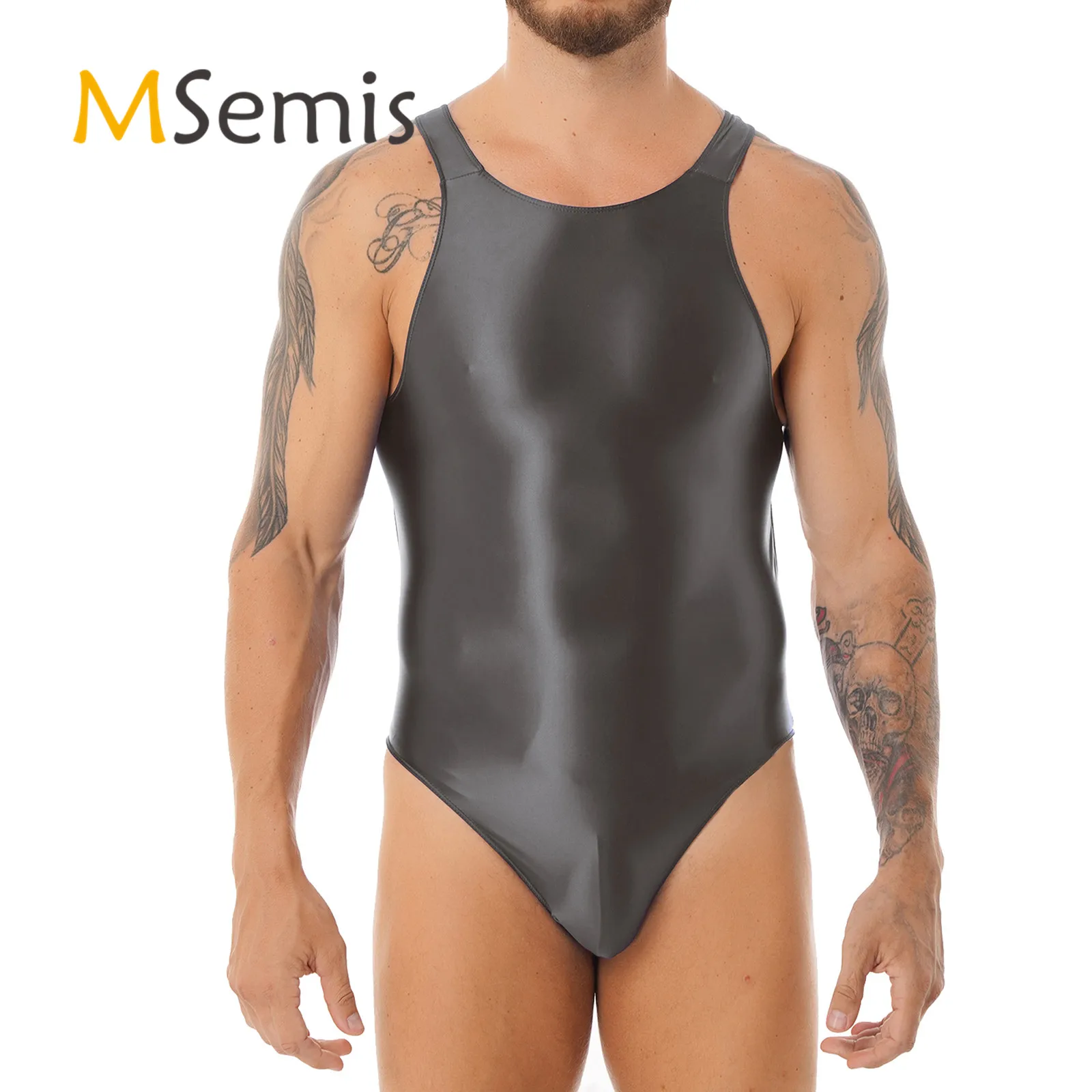 

Swimwear Men's Swimsuit Solid Color Glossy One-piece Swimsuit Cutout Back Bodysuit Stretchy Tights Leotard Swimming Suit