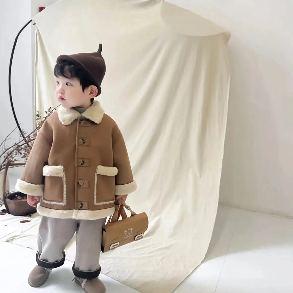 Boy Girl Coat Windbreak Warm Thicken Plush Collar Jacket Plush Top Winter 2025 High Quality Suede Overall Straight Pants Outfits image 3