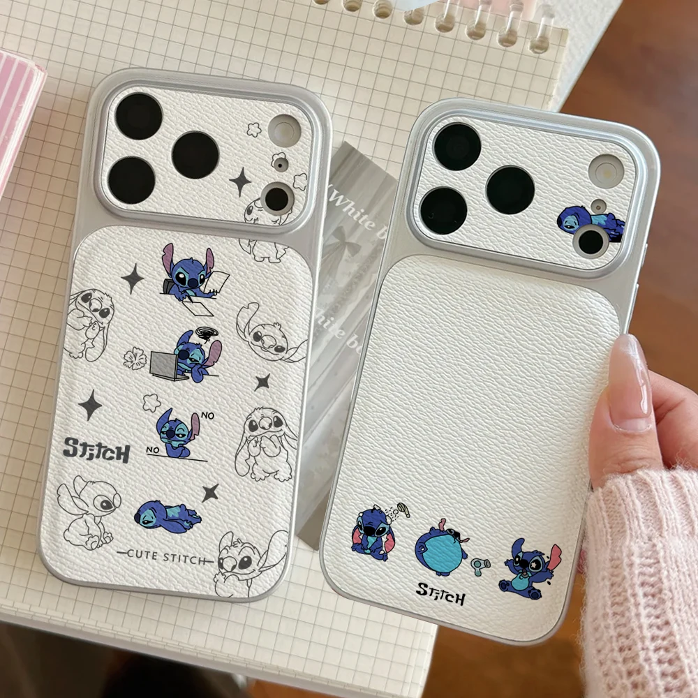 

Disney Lilo Stitch Couples Phone Case For IPhone 17 16 15 14 Electroplated Leather Shockproof Phone Accessories 13 12 11 Casing