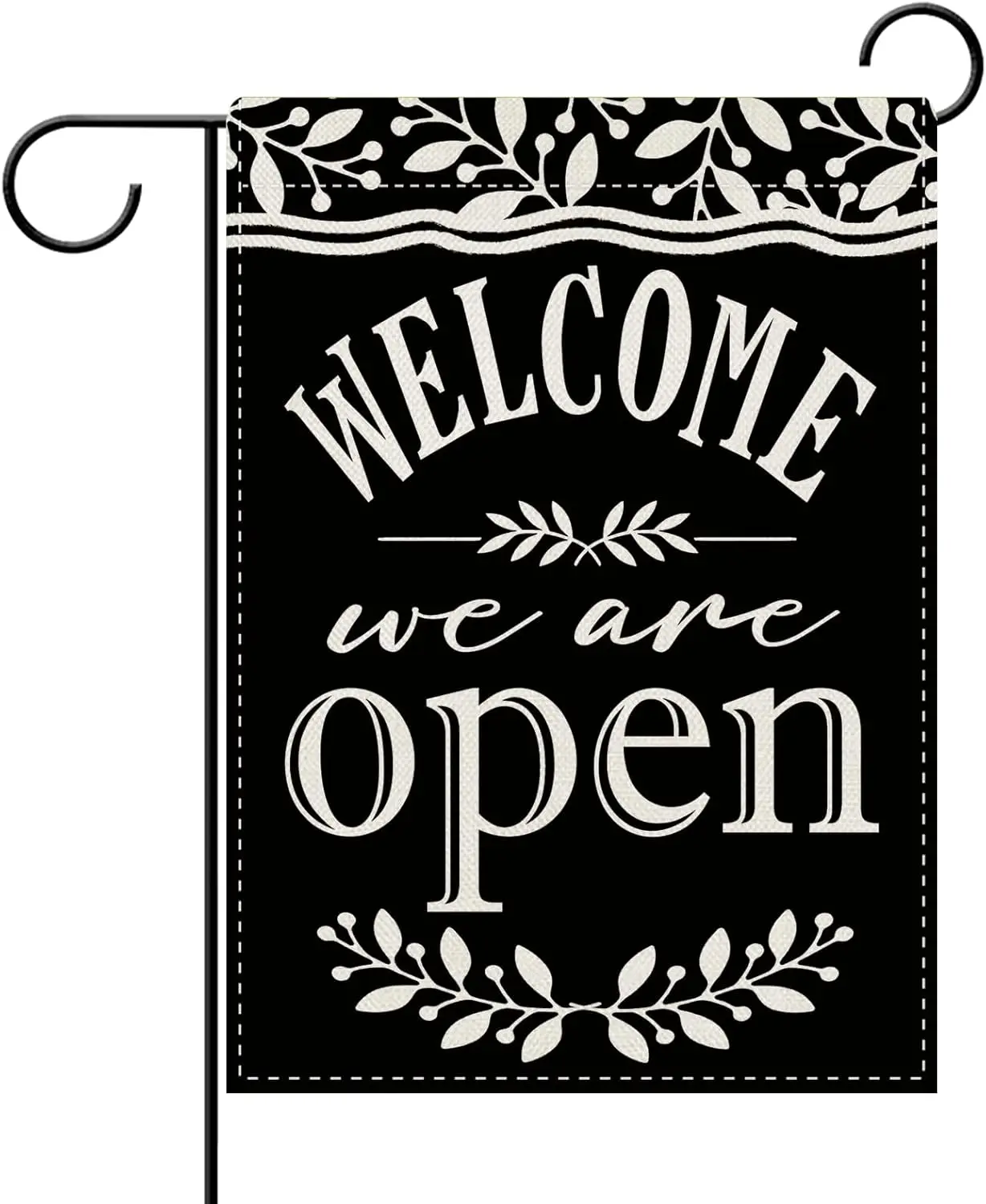Dyrenson Welcome We Are Open Decorative Garden Flag, Black White Yard Outside Villa Park Home Decoration, Business Burlap Ou PPZ